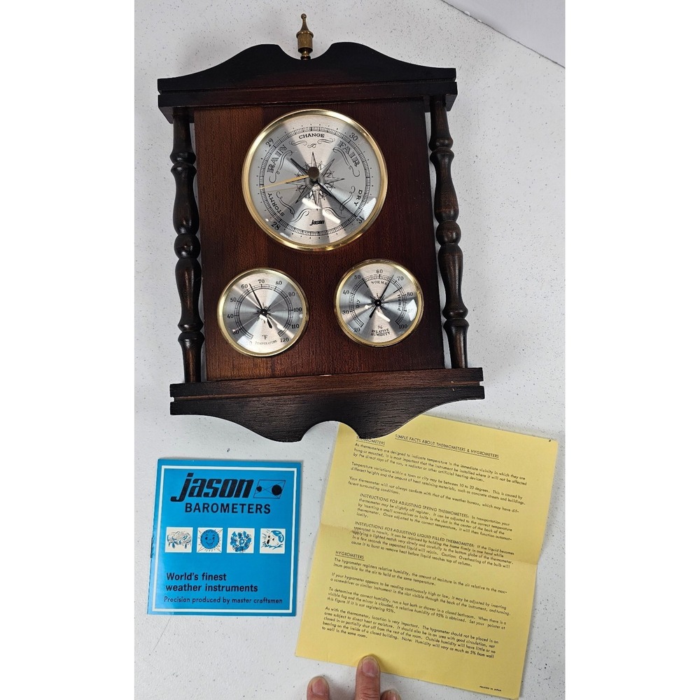 Vtg Jason Wall Barometer Thermometer Weather Station Wood Japan Gold Accents